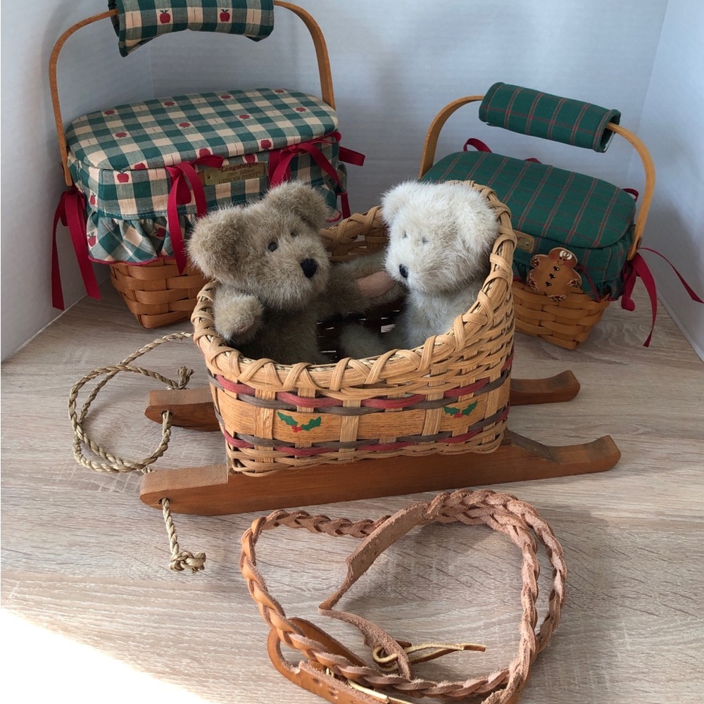Longaberger Baskets Wicker Sled Plush Bears Lot of 14 Liner Lid Insert Protector